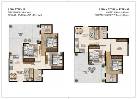 3 BHK Type-2P & 2 BHK+Store Type-3P Unit Plan